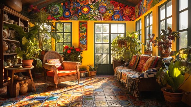 A vibrant and colorful room in a Brazilianinspired house Interior AIGenerated Photo