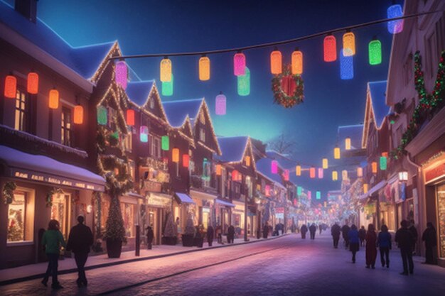 A vibrant and colorful scene of a city or town illuminated by dazzling Christmas lights