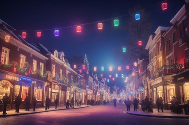 A vibrant and colorful scene of a city or town illuminated by dazzling Christmas lights