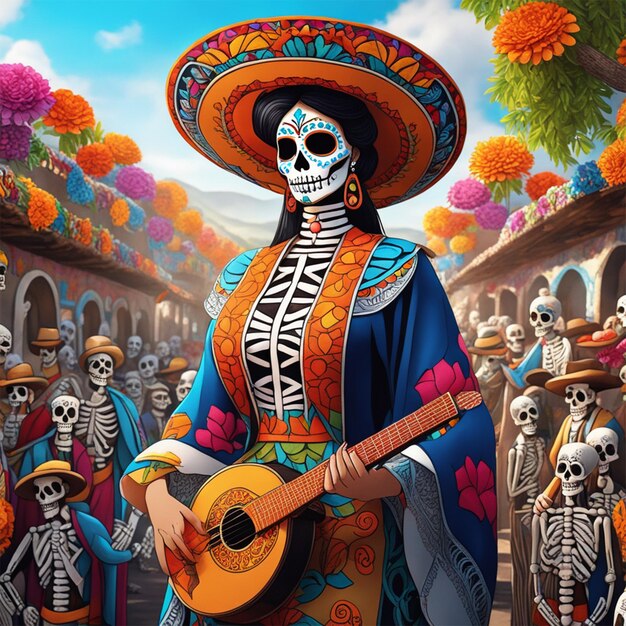 A vibrant and colorful scene depicting the day of the dead celebration inspired by the works