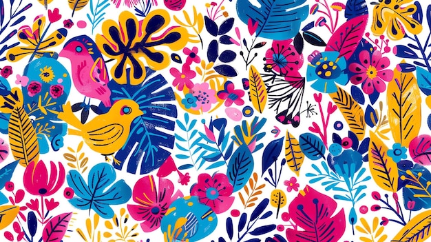 Photo vibrant and colorful seamless pattern with handdrawn exotic birds and flowers perfect for summer and tropicalthemed designs