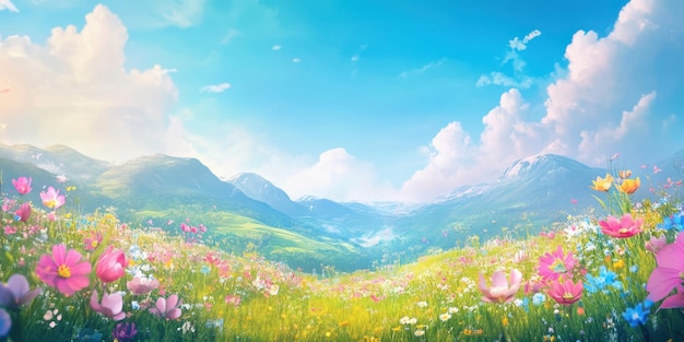 a vibrant and colorful spring landscape with mountains flowers and a clear blue sky
