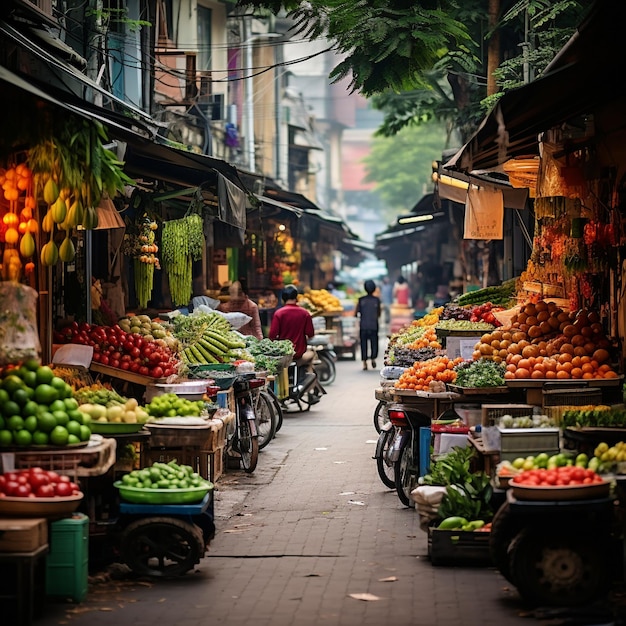 A vibrant colorful street market in Hanoi