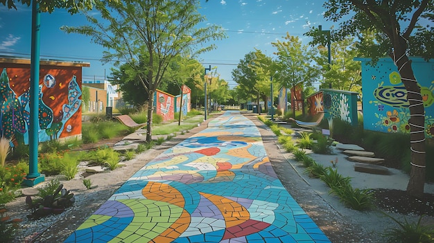 A vibrant and colorful walkway winds its way through a lush garden