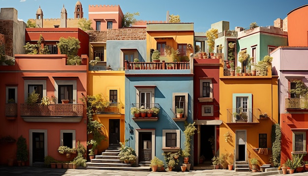 Vibrant colors adorn the residential building showcasing the Mediterranean culture generated by artificial intelligence