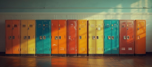 鮮やかな色彩で校舎のロッカーを飾る 整った列 教育コンセプト デザインプロジェクトのための多様な背景 カラフルなヴィンテージスタイルのイメージ AI