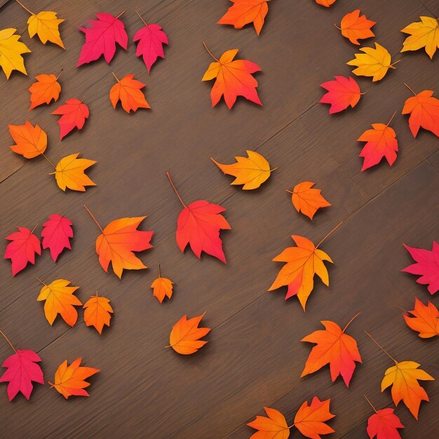 Vibrant colors of autumn leaves on wood plank generated by AI