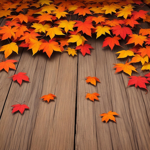 Яркие цвета осенних листьев на деревянной доске, созданные искусственным интеллектом