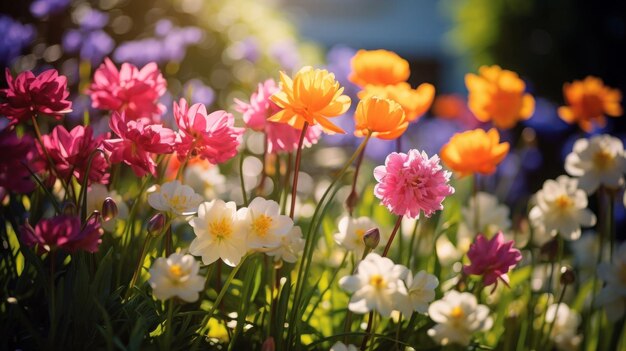 vibrant colors of blooming flowers in a spring garden