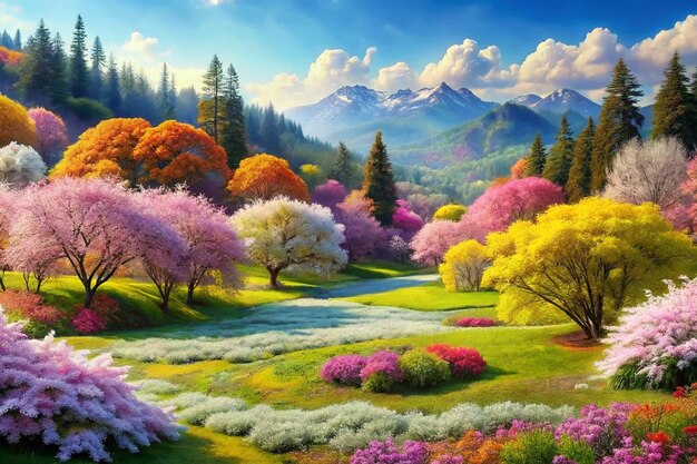 vibrant colors of blooming flowers and trees in springtime