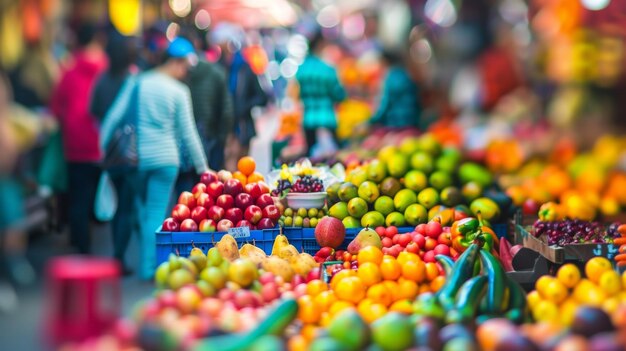 Foto i colori vivaci e l'attività vivace del mercato sono ammorbiditi dallo sfondo sfocato