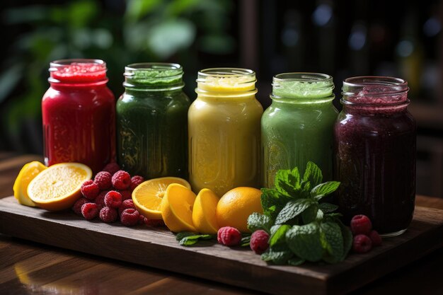 Vibrant colors detox juices aligned on table generative IA