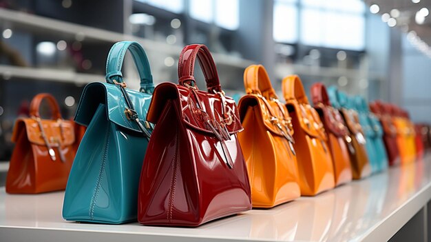 Vibrant colors Fashion women leather purses showcases in a store