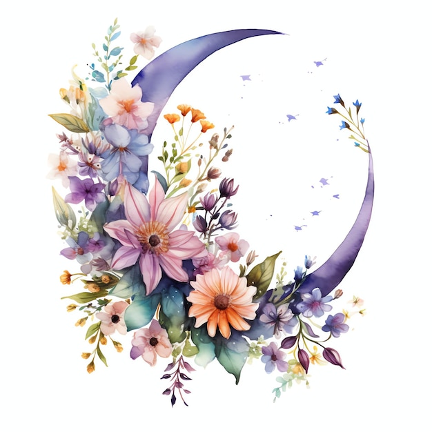 Foto luna floreale dai colori vivaci con diverse illustrazioni di fiori e piante