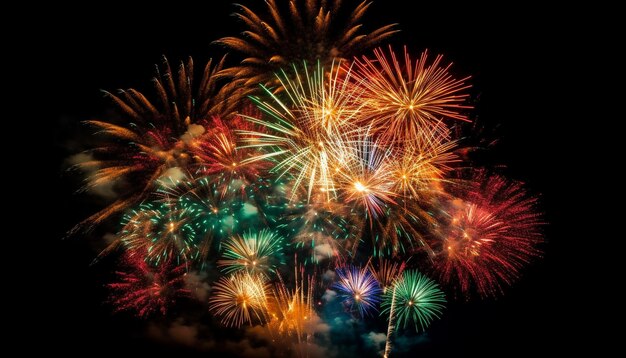 Vibrant colors illuminate exploding firework display on black background generated by AI