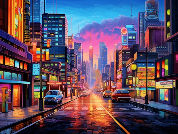 Vibrant colors illuminate modern city street backdrop