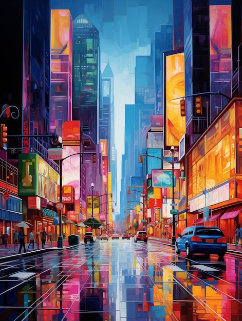 Vibrant colors illuminate modern city street backdrop