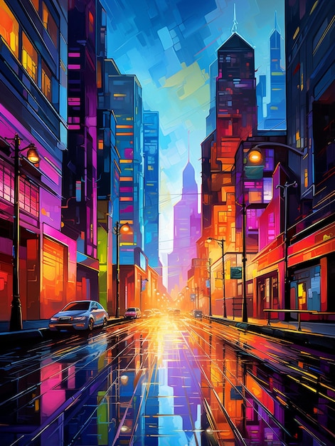 Vibrant colors illuminate modern city street backdrop