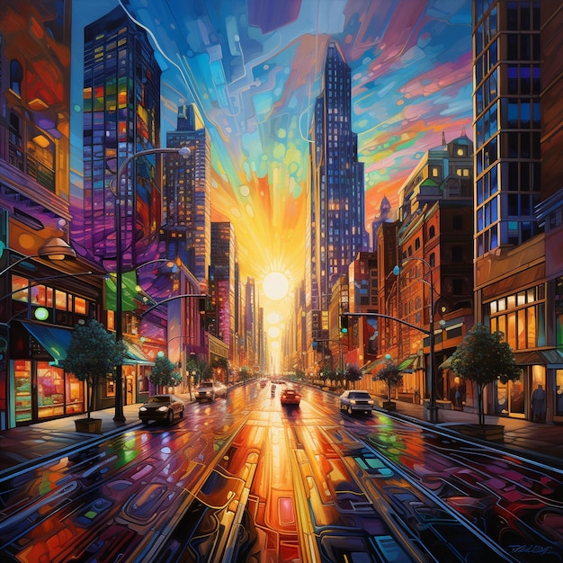 Vibrant colors illuminate modern city street backdrop