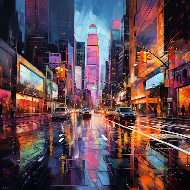 Vibrant colors illuminate modern city street backdrop