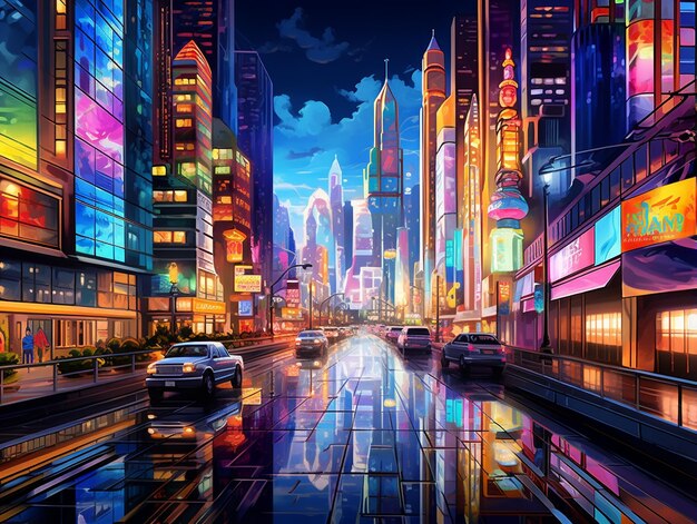 Vibrant colors illuminate modern city street backdrop