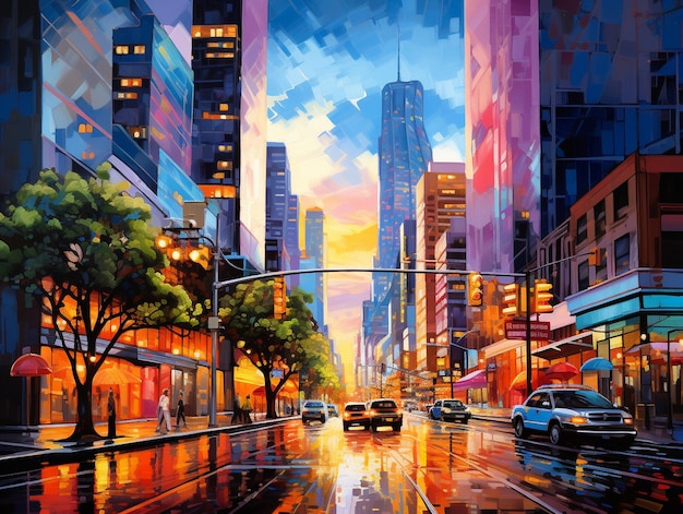 Vibrant colors illuminate modern city street backdrop