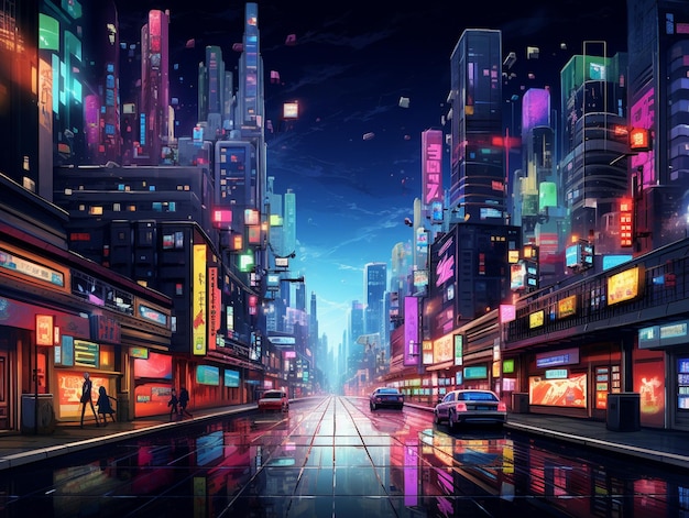 Vibrant colors illuminate modern city street backdrop