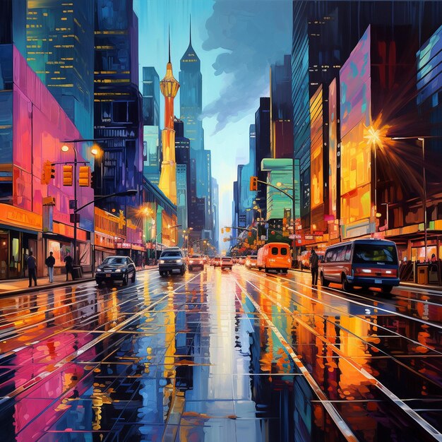 Vibrant colors illuminate modern city street backdrop