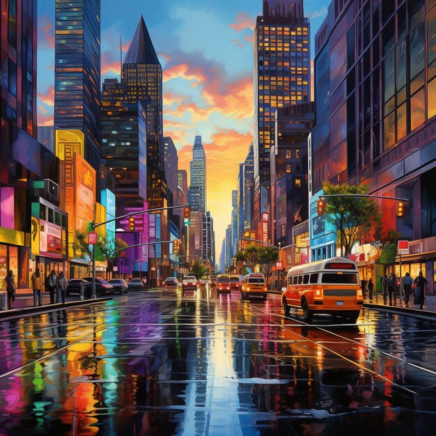 Vibrant colors illuminate modern city street backdrop