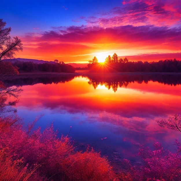Фото Яркие цвета восхода солнца, освещающие красоту природы, созданную искусственным интеллектом