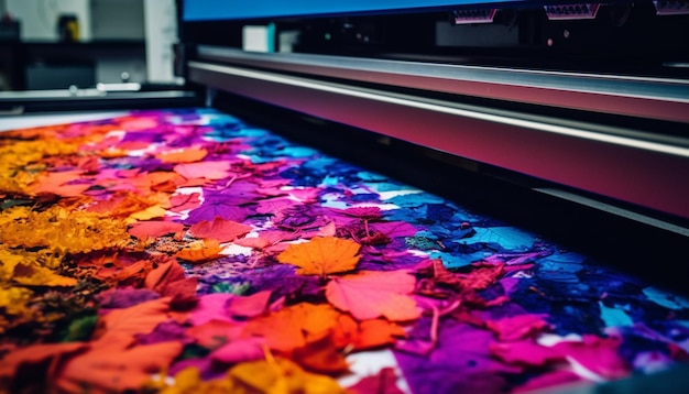 Foto i colori vivaci dei fiori multicolori decorano il moderno tavolo da ufficio generato dall'intelligenza artificiale