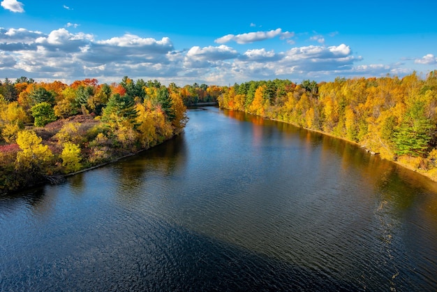 Фото Яркие цвета октября широкий панорамный вид на красивый безмятежный желто-оранжевый осенний утренний парк с пышными деревьями, отражающимися в речной воде живописный осенний пейзаж