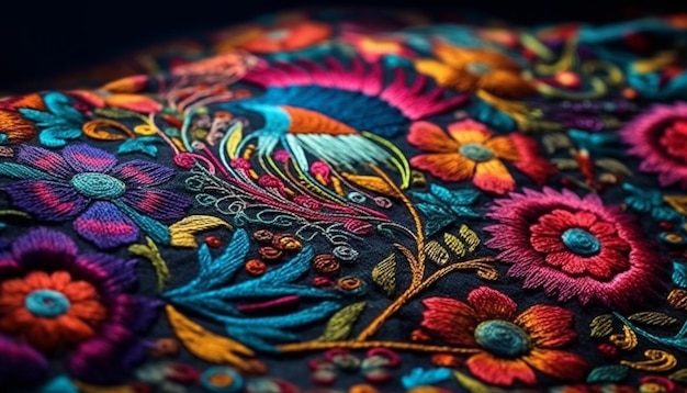 Vibrant colors and ornate embroidery adorn this homemade patchwork tapestry generated by artificial intelligence