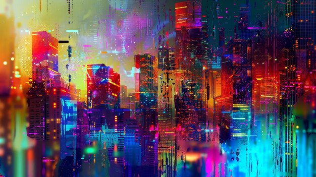 Foto colori e modelli vivaci in un paesaggio urbano digitale generato dall'ai