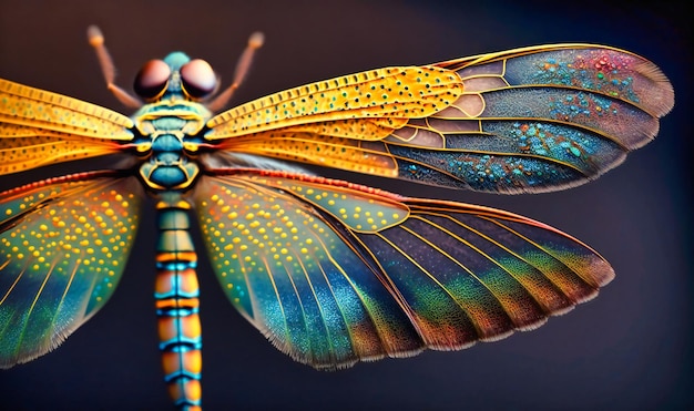 The vibrant colors and patterns on a dragonfly's wings hovering in the air