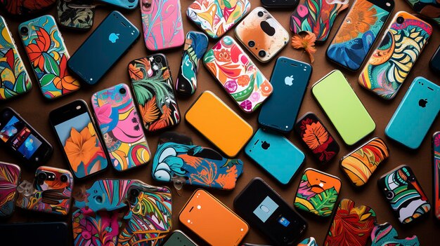 the vibrant colors and patterns of a group of smartphones displaying different wallpapers