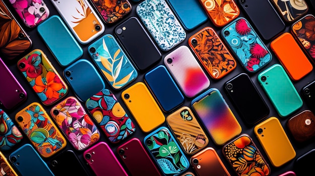 the vibrant colors and patterns of a group of smartphones with different colored cases