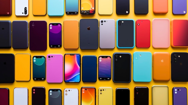 the vibrant colors and shapes of a lineup of smartphones from different manufacturers