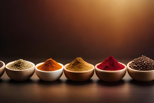 Vibrant colors of spices in a row generated