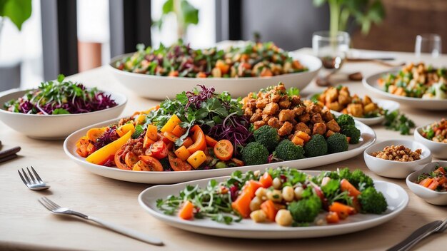 vibrant colors and textures of a sumptuous veggie feast on a white wooden table in a trendy restaura