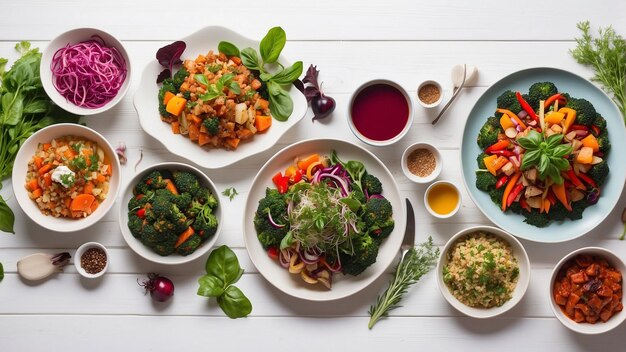 Photo vibrant colors and textures of a sumptuous veggie feast on a white wooden table in a trendy restaura