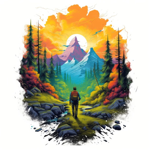 Vibrant colors wilderness hiking scene for tshirt