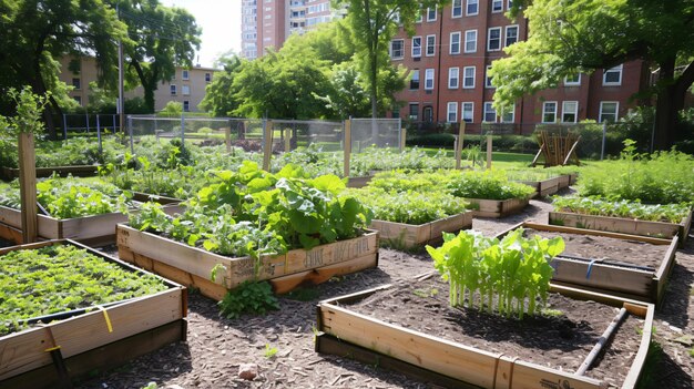 Foto un vivace giardino comunitario che mostra la tendenza crescente dell'agricoltura urbana e dei sistemi alimentari locali