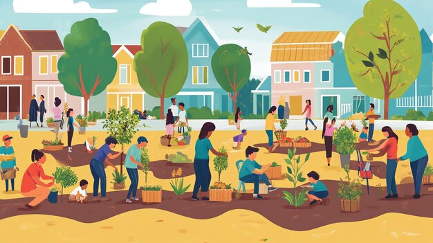 Photo a vibrant community scene with volunteers of all ages planting trees helping the elderly and distributing food celebrating the spirit of volunteerism