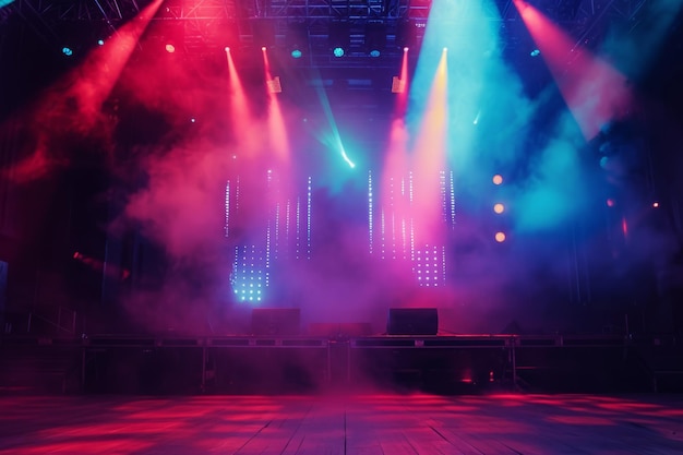 色彩 の 灯り で 照らさ れ,煙 の 囲気 に 包まれ た 活気 の ある コンサート 舞台