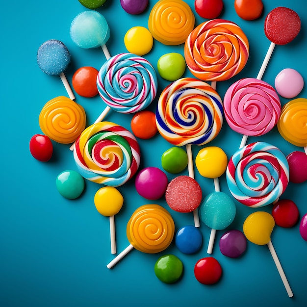 Vibrant Confectionery Creative Poster Design Featuring a Yummy Colorful Top View Background Candy