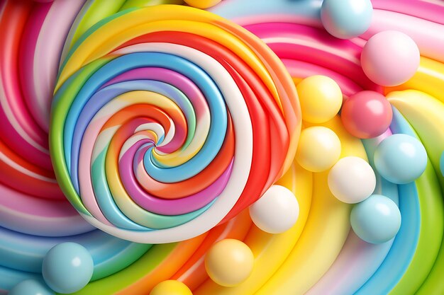 Vibrant confectionery creative poster design featuring a yummy colorful top view background candy