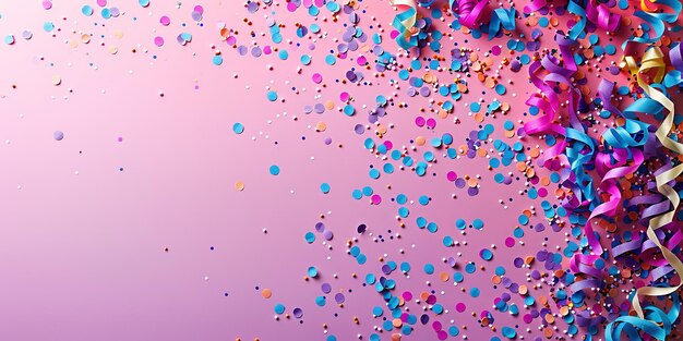 Vibrant confetti and streamers on a pink background