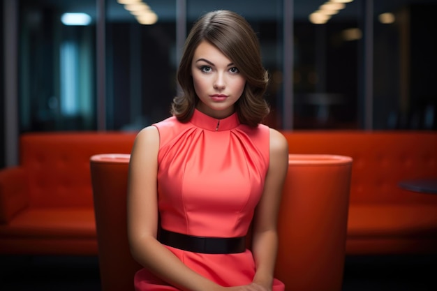 Vibrant and Confident Female Office Employee Captured in a Coral Fit and Flare Dress