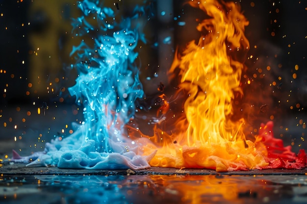 Vibrant Contrast of Blue and Orange Flames with Sparks on Dark Background High Resolution Fire and